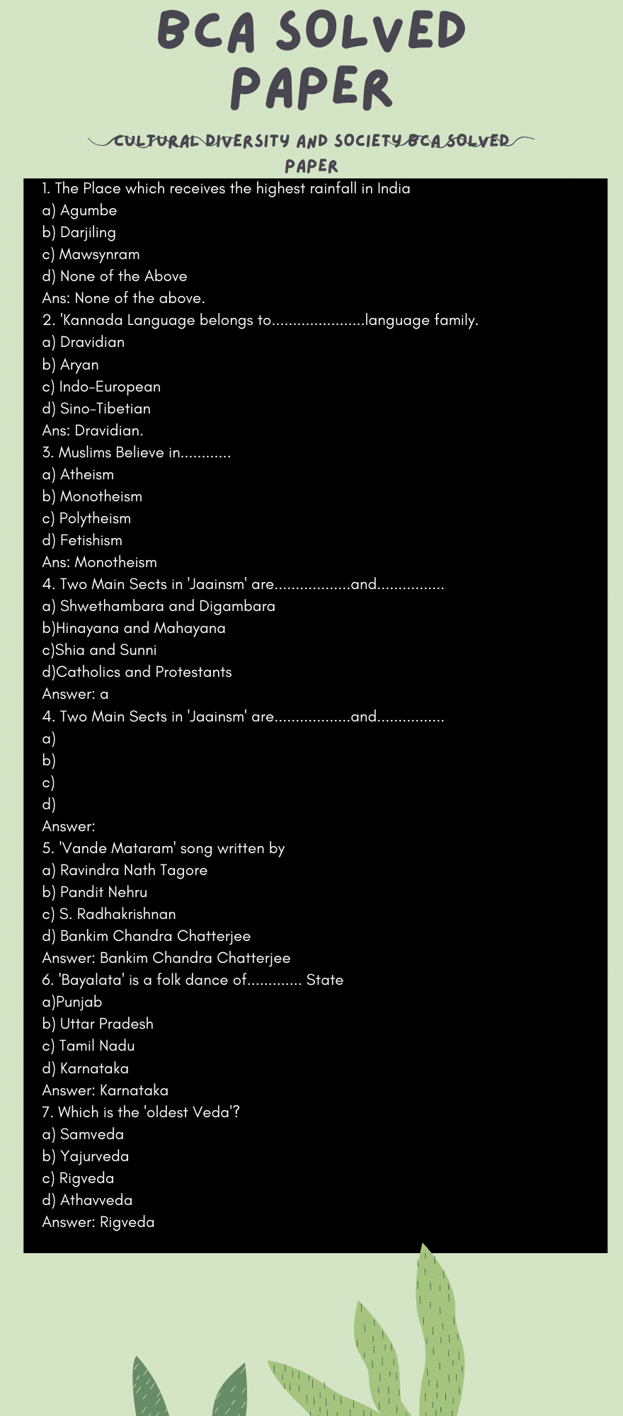 Multiple Choice Questions on Cultural Diversity and Society - Download Pdf bca solved papers